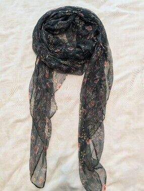 New 100% Silk Large size Dark green Floral Sheer Scarf